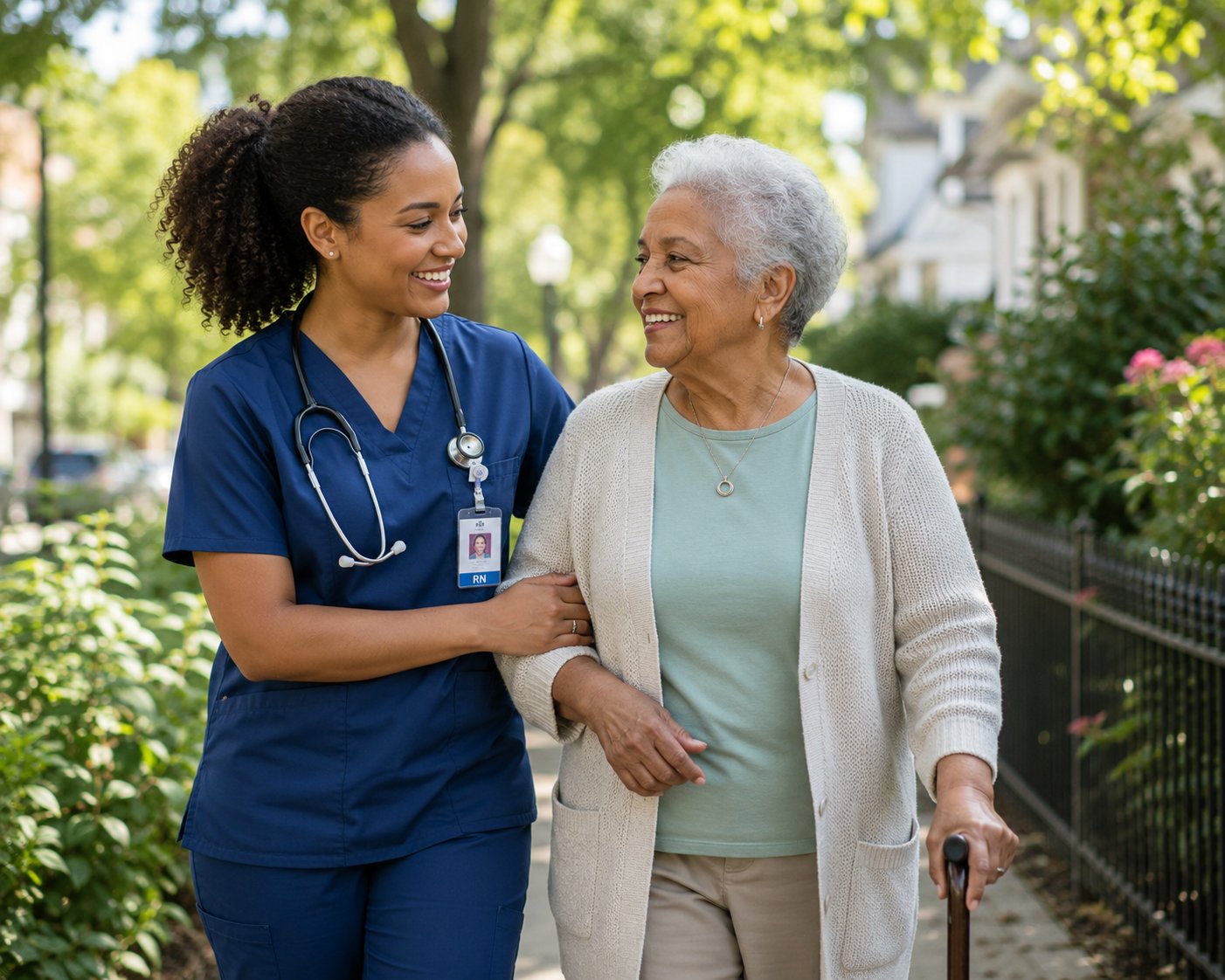 Caregiver walking with patient outdoors