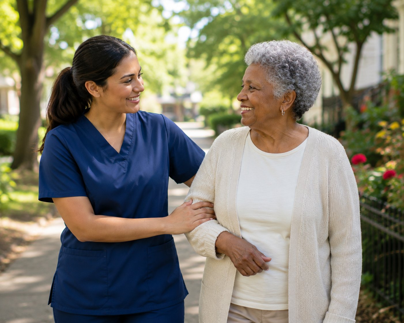 Caregiver supporting patient outdoors