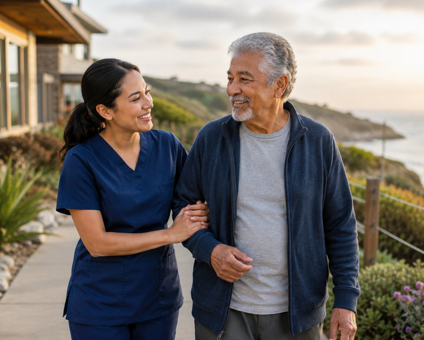 Caregiver walking with elderly man